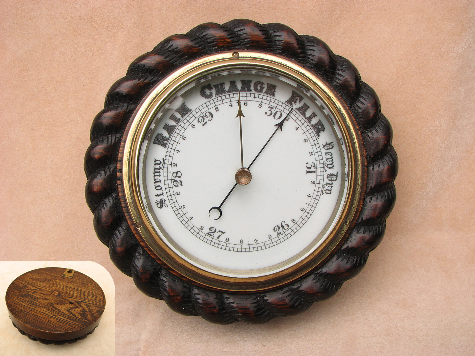 Victorian dark oak cased rope twist aneroid barometer